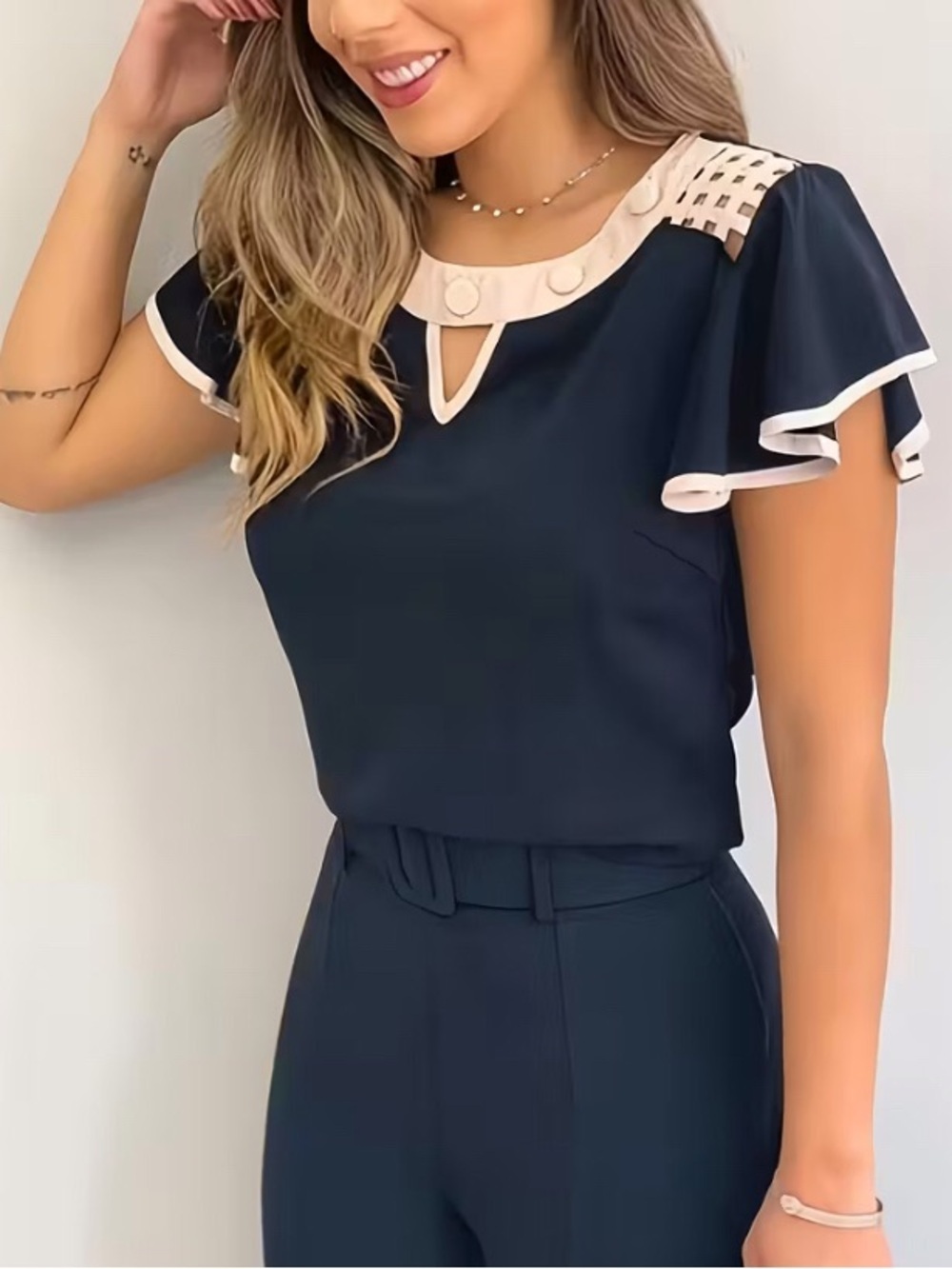 Women’s Classy Flutter Sleeve Blouse Navy/Cream Trim Size-XL NWT